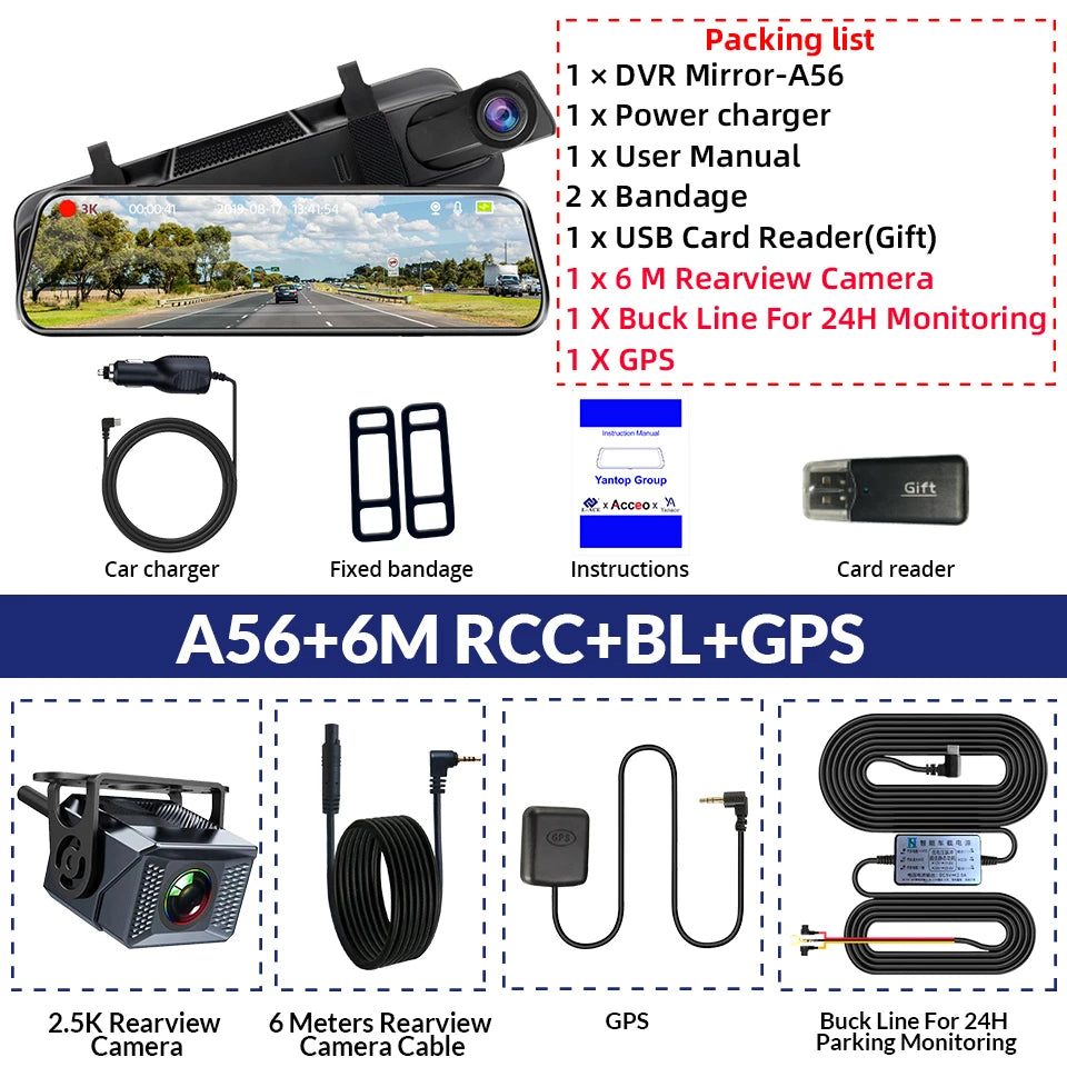 Experience Ultimate Driving Safety with the E-ACE 3K+2.5K Dual Lens DVR Mirror Dash Cam - Night Vision, GPS, and WiFi Enabled for 24/7 Protection!