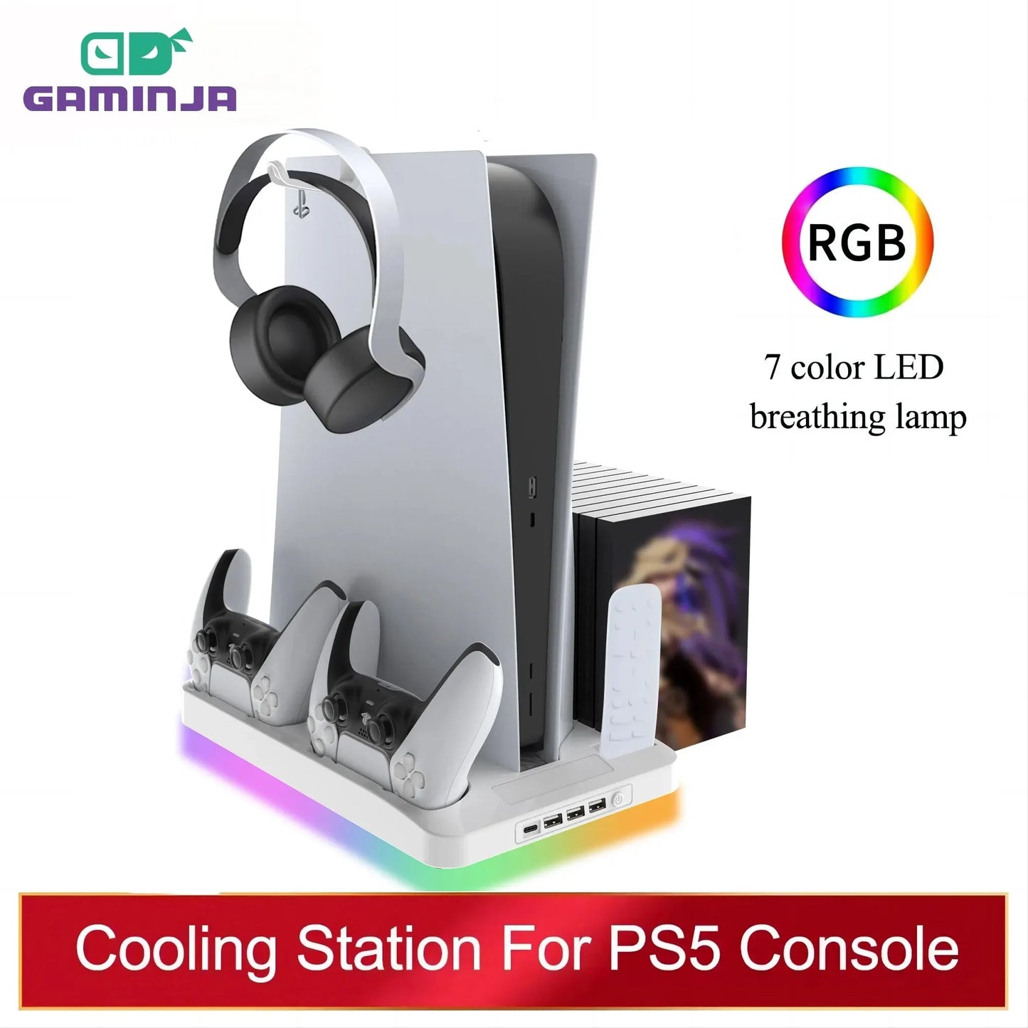 P58 PS5 Stand Cooling Station with RGB Light and Dual Controller Charger - Ultimate Gaming Accessory for Your Playstation 5