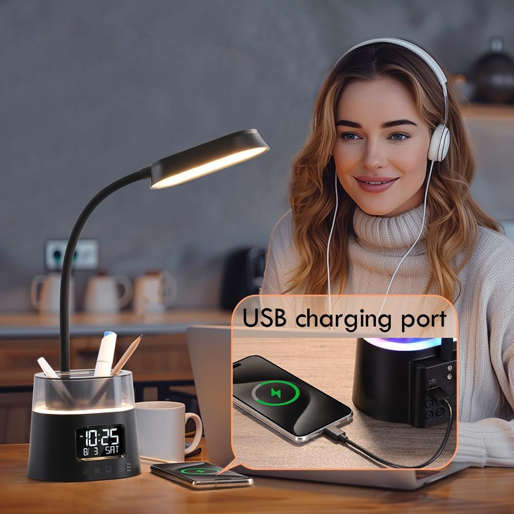 Elevate Your Workspace with the Stylish LED Kids Desk Lamp - Dimmable Study Lamp Featuring Pen Holder, Clock, USB Charging & RGB Night Light for Home Office and College Dorm Essentials - Sleek Black Design