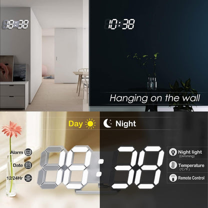 Sleek 3D LED Digital Wall Clock - 9.7" Large Display with Remote Control, Temperature & Adjustable Brightness