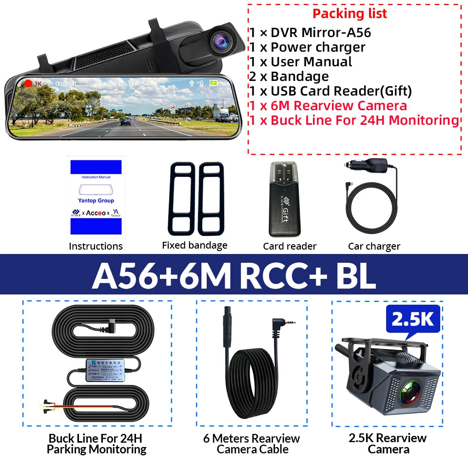 Experience Ultimate Driving Safety with the E-ACE 3K+2.5K Dual Lens DVR Mirror Dash Cam - Night Vision, GPS, and WiFi Enabled for 24/7 Protection!