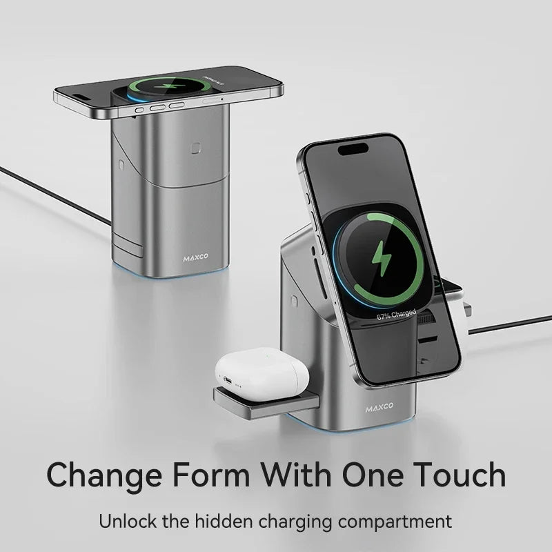 Experience the Future of Charging with the Qi2 Auto-Rotate Touch Magnetic 3 in 1 Wireless Charger - Fast 15W Power for iPhone, Apple Watch, and AirPods