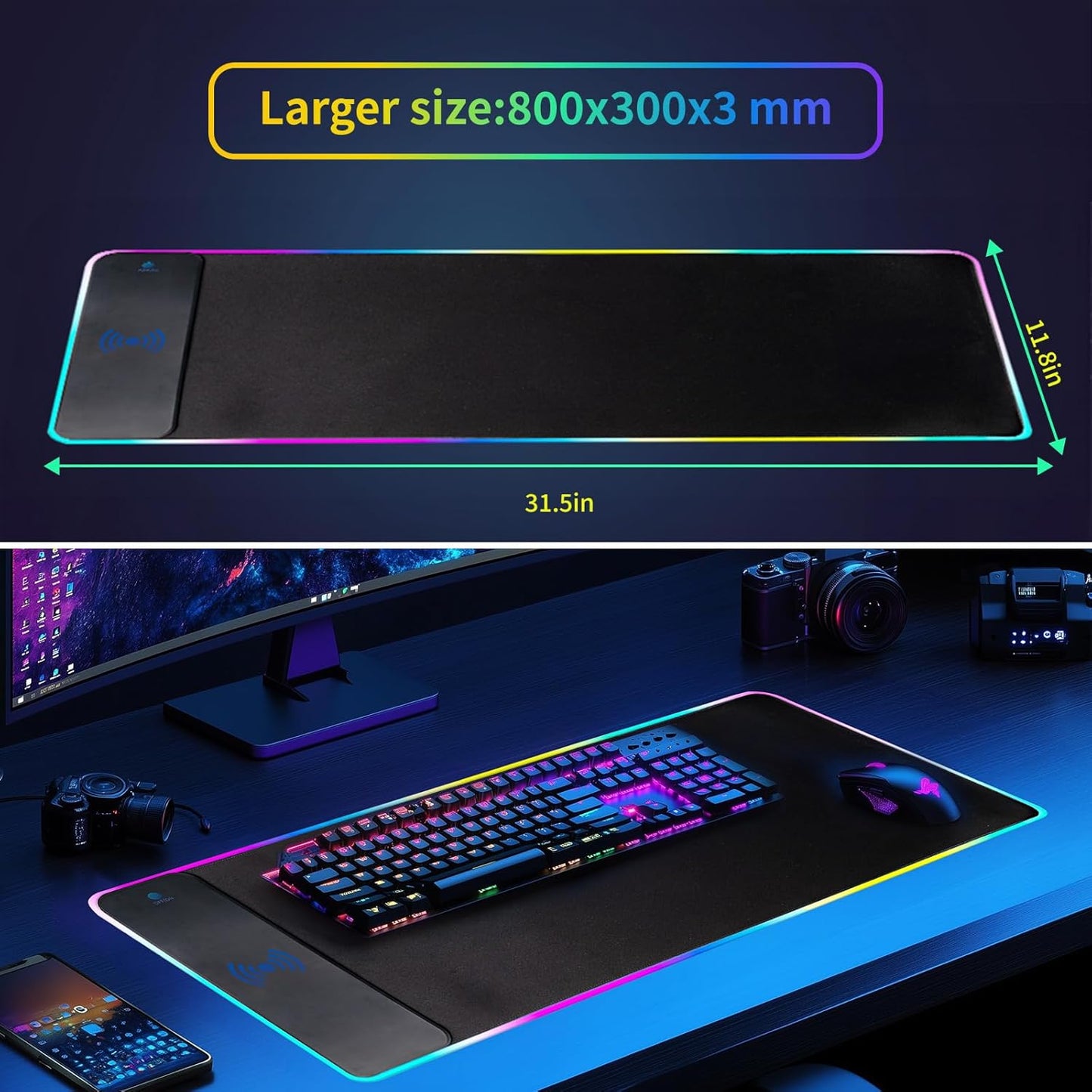Elevate Your Gaming Experience with the RGB Gaming Mouse Pad - 15W Wireless Charging, 10 LED Light Modes, and Extra Large Surface for Ultimate Comfort