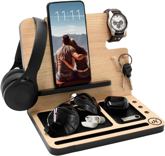 Ultimate Nightstand Organizer for Men - Stylish Wood Phone Docking Station & Desk Accessories for Watch, Wallet, Keys, Cellphone, Headphones & Pens - Perfect Gifts for Any Occasion