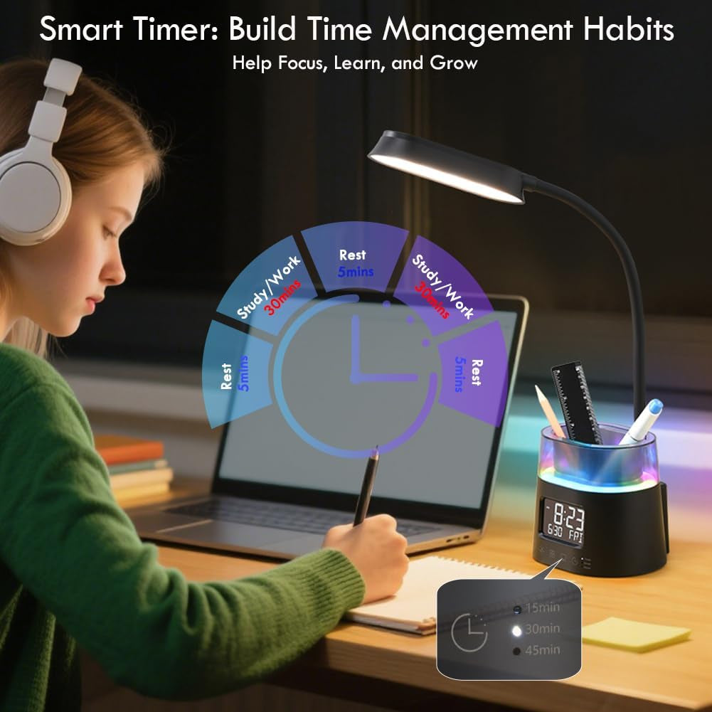 Elevate Your Workspace with the Stylish LED Kids Desk Lamp - Dimmable Study Lamp Featuring Pen Holder, Clock, USB Charging & RGB Night Light for Home Office and College Dorm Essentials - Sleek Black Design