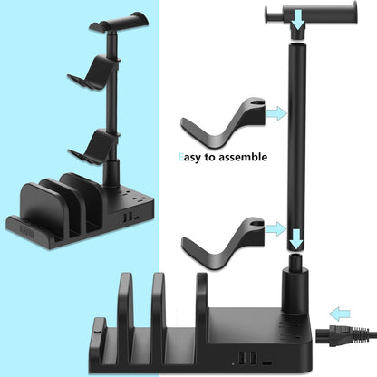 Ultimate Gaming Headphone & Controller Stand with Smart USB Charger - Organize Your Setup with 2 AC Outlets & Versatile Storage for Switch, Phone, and More!