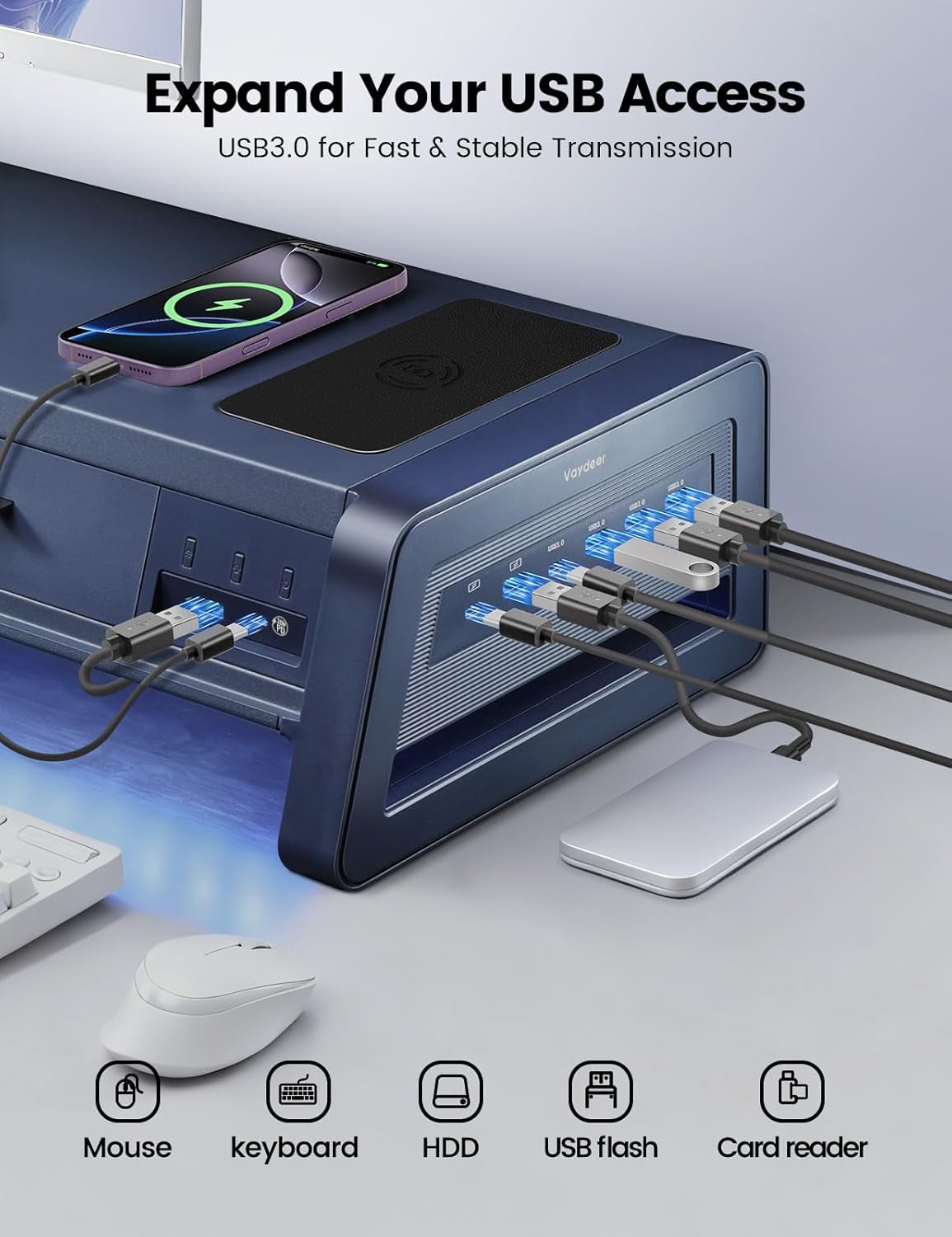 Elevate Your Workspace with the All-In-One Dual Monitor Stand Riser: 2 Drawers, 8 USB Ports, Wireless Charging Pad & LED Light Strip for Ultimate Organization and Comfort