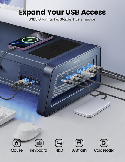 Elevate Your Workspace with the All-In-One Dual Monitor Stand Riser: 2 Drawers, 8 USB Ports, Wireless Charging Pad & LED Light Strip for Ultimate Organization and Comfort