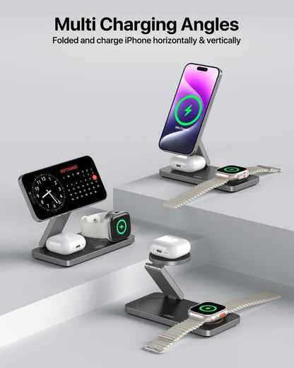 Ultimate 3-in-1 Foldable Wireless Charging Station for Apple Devices - Fast Magnetic Charger for iPhone 17, AirPods Pro, and Apple Watch Ultra - Sleek Carbon Black Design