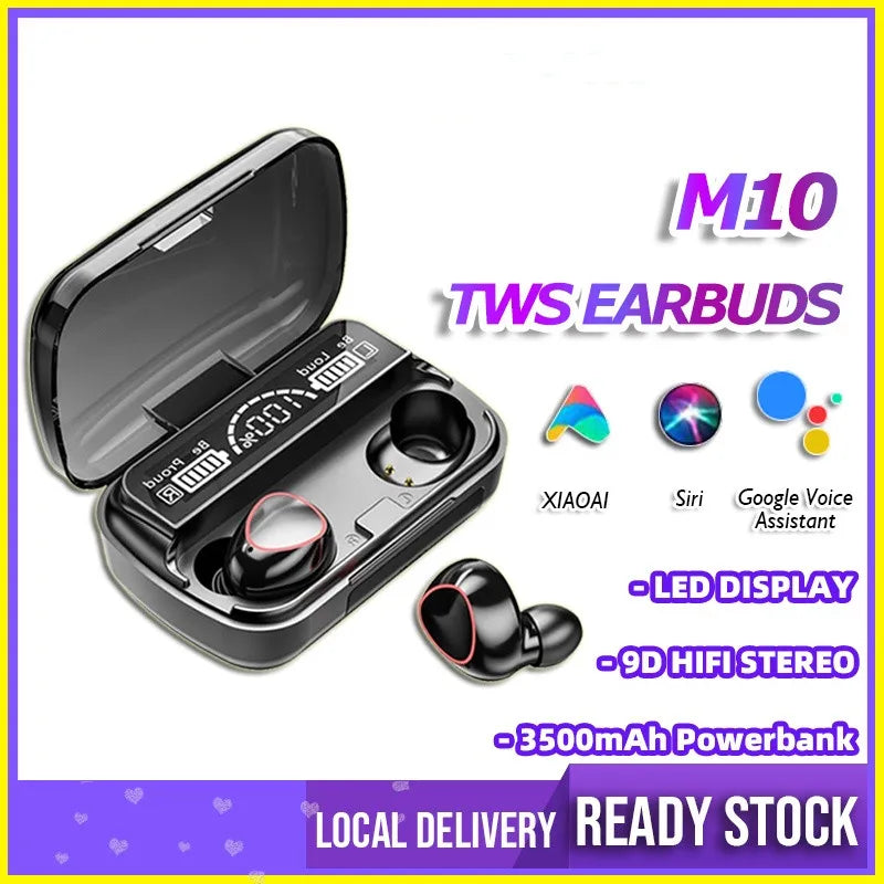 Experience Ultimate Freedom with TWS M10 Wireless Bluetooth Headphones - 9D Stereo Sound, LED Display & 3500mAh Charging Box!