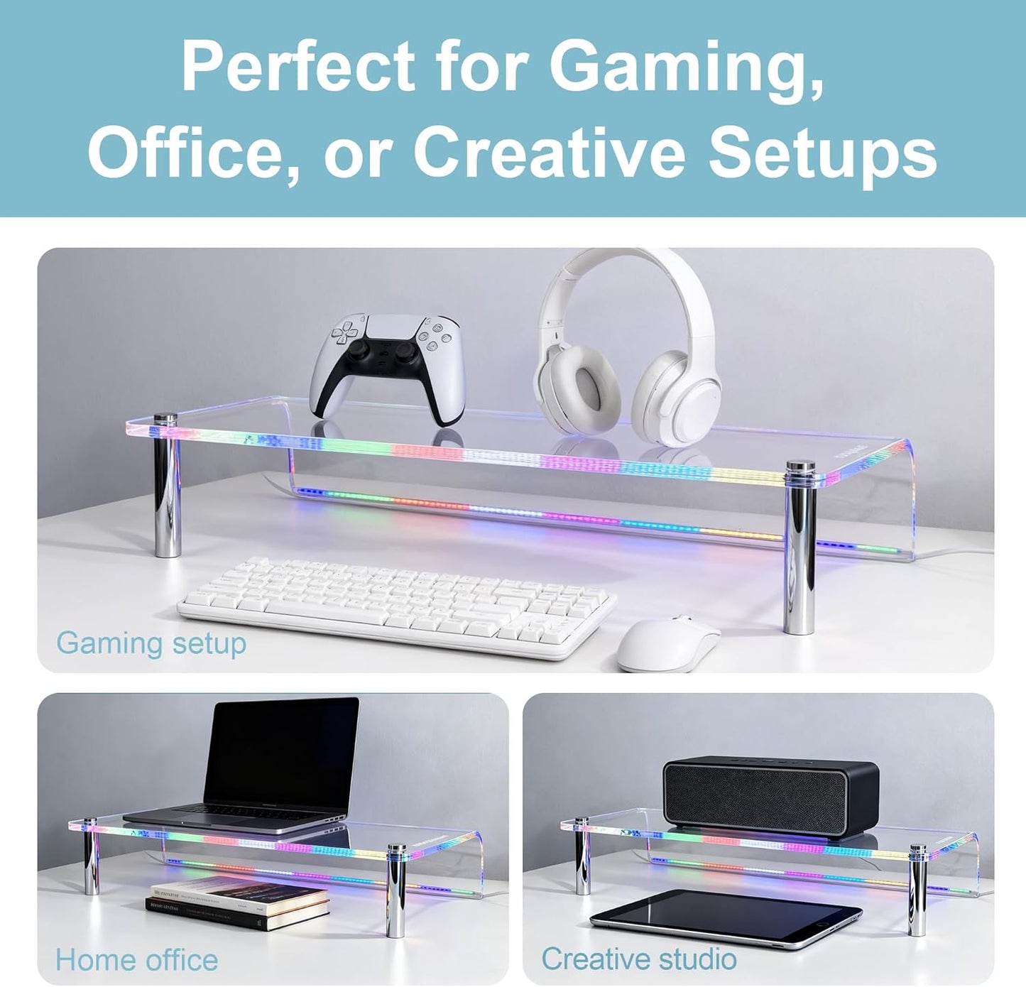 Elevate Your Workspace with the Acrylic Monitor Stand Featuring RGB Lights and Music Sync – Perfect for Gaming and Home Office Organization