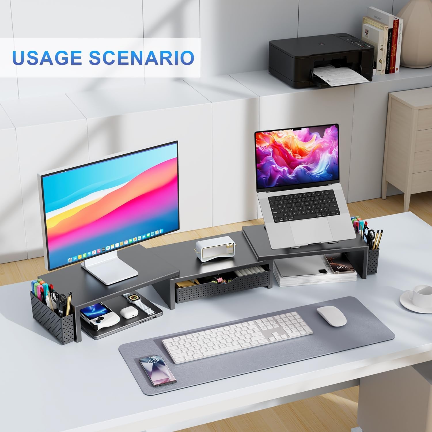 Elevate Your Workspace with the Dual Monitor Stand Riser - Stylish Desk Organizer with Drawer and Pen Holders in Black