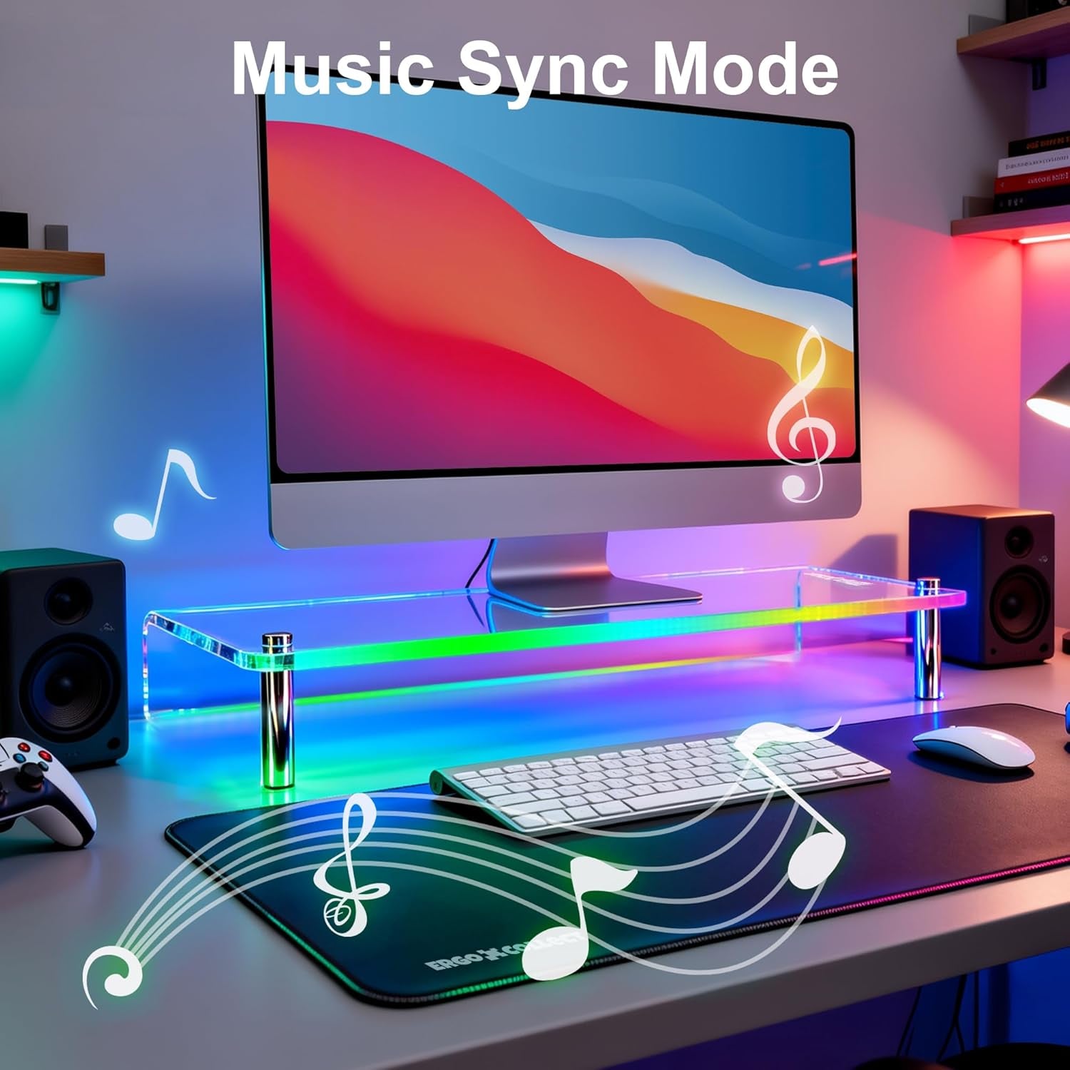 Elevate Your Workspace with the Acrylic Monitor Stand Featuring RGB Lights and Music Sync – Perfect for Gaming and Home Office Organization
