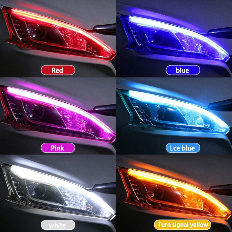 Enhance Your Car's Style with 2Pcs 12V LED DRL Flexible Waterproof Strip Lights - White Turn Signal & Yellow Brake Flow Lights