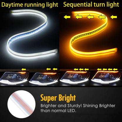 Enhance Your Car's Style with 2Pcs 12V LED DRL Flexible Waterproof Strip Lights - White Turn Signal & Yellow Brake Flow Lights