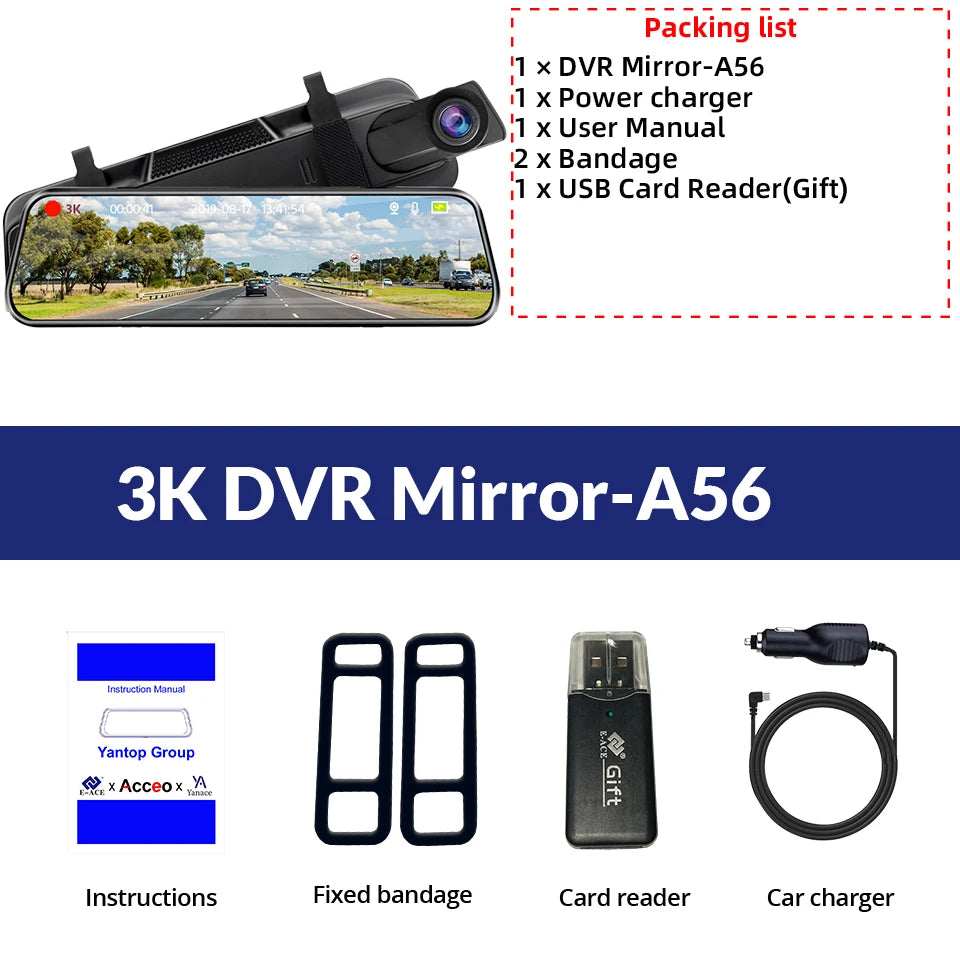 Experience Ultimate Driving Safety with the E-ACE 3K+2.5K Dual Lens DVR Mirror Dash Cam - Night Vision, GPS, and WiFi Enabled for 24/7 Protection!