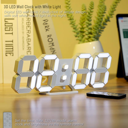 Sleek 3D LED Digital Wall Clock - 9.7" Large Display with Remote Control, Temperature & Adjustable Brightness