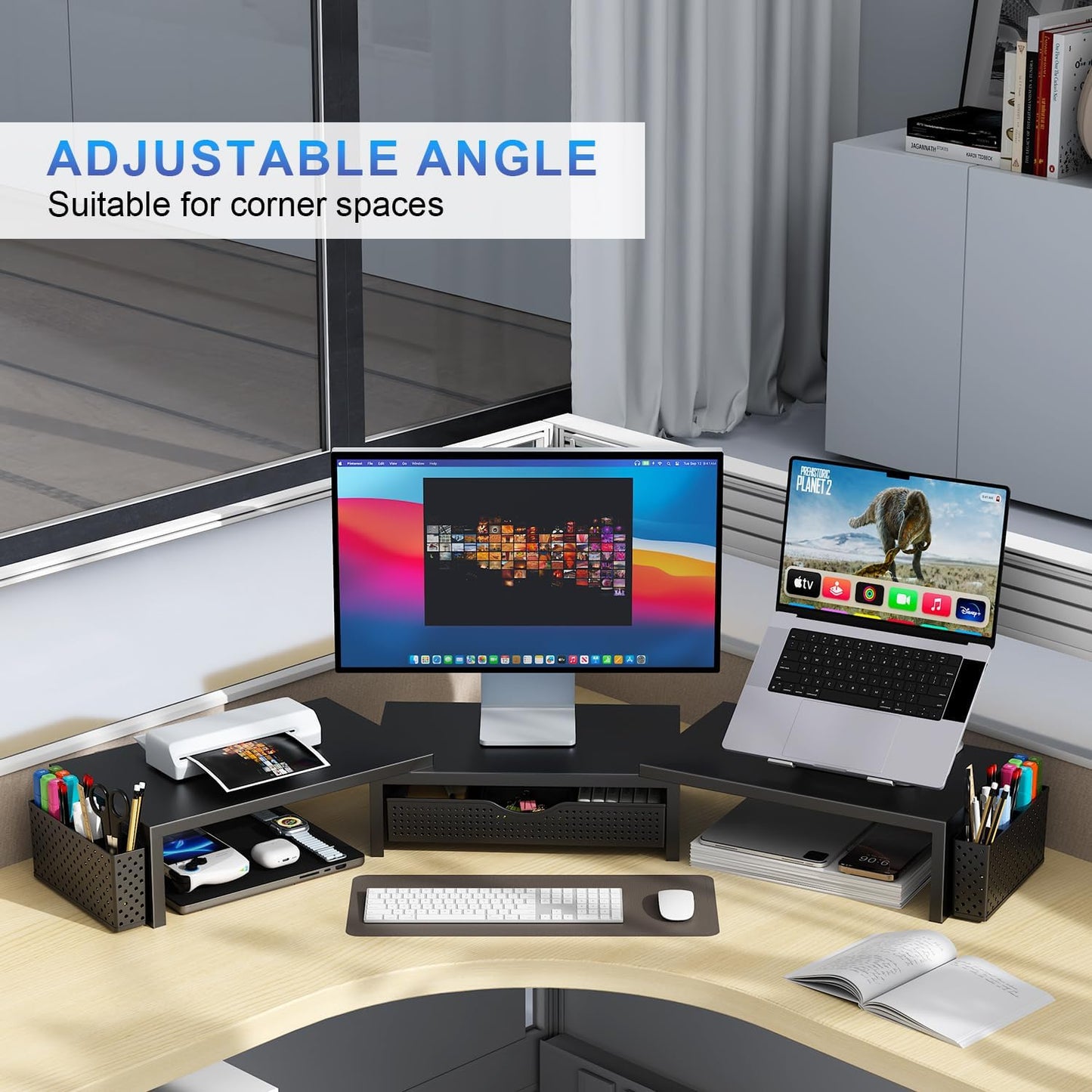 Elevate Your Workspace with the Dual Monitor Stand Riser - Stylish Desk Organizer with Drawer and Pen Holders in Black