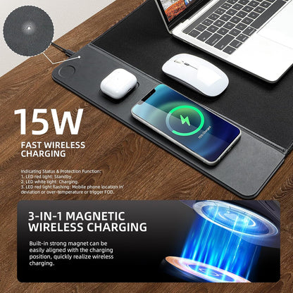 Revolutionary 3-in-1 Wireless Charging Mouse Pad - Ultimate Gaming Desk Mat for iPhone, AirPods, and Smartwatches - Large 90 x 40 cm Black Design