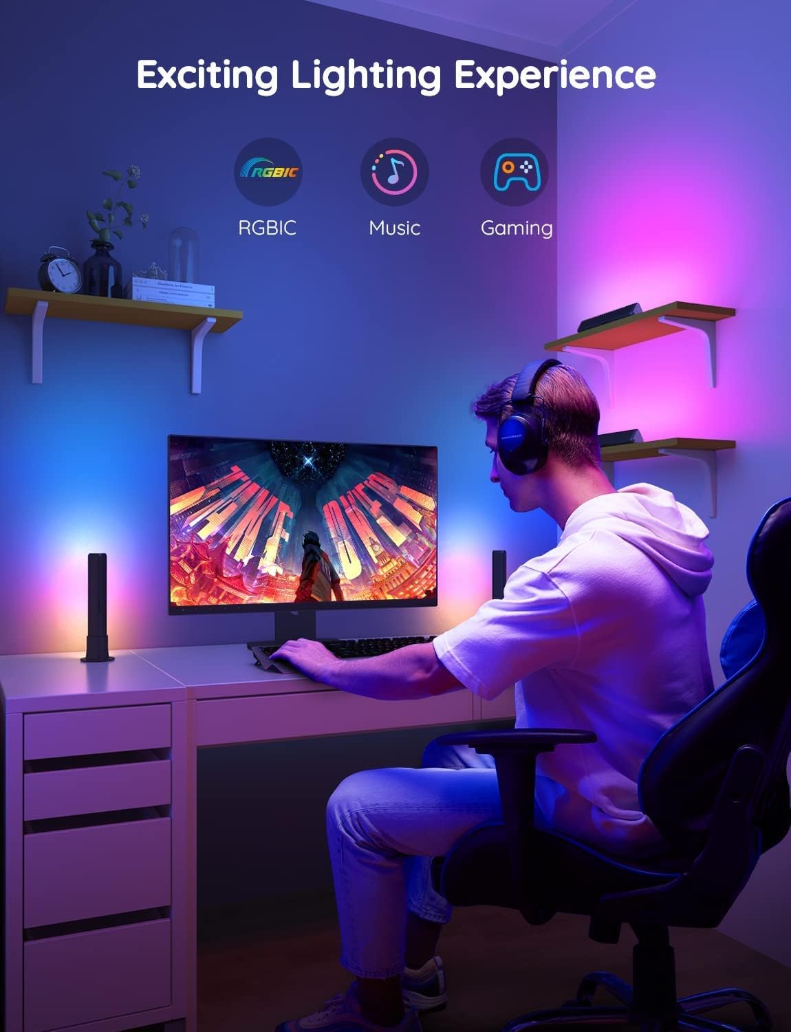 Transform Your Space with Smart LED Light Bars - RGBICWW Wifi Backlights Compatible with Alexa & Google Assistant for Ultimate Gaming and Room Ambiance