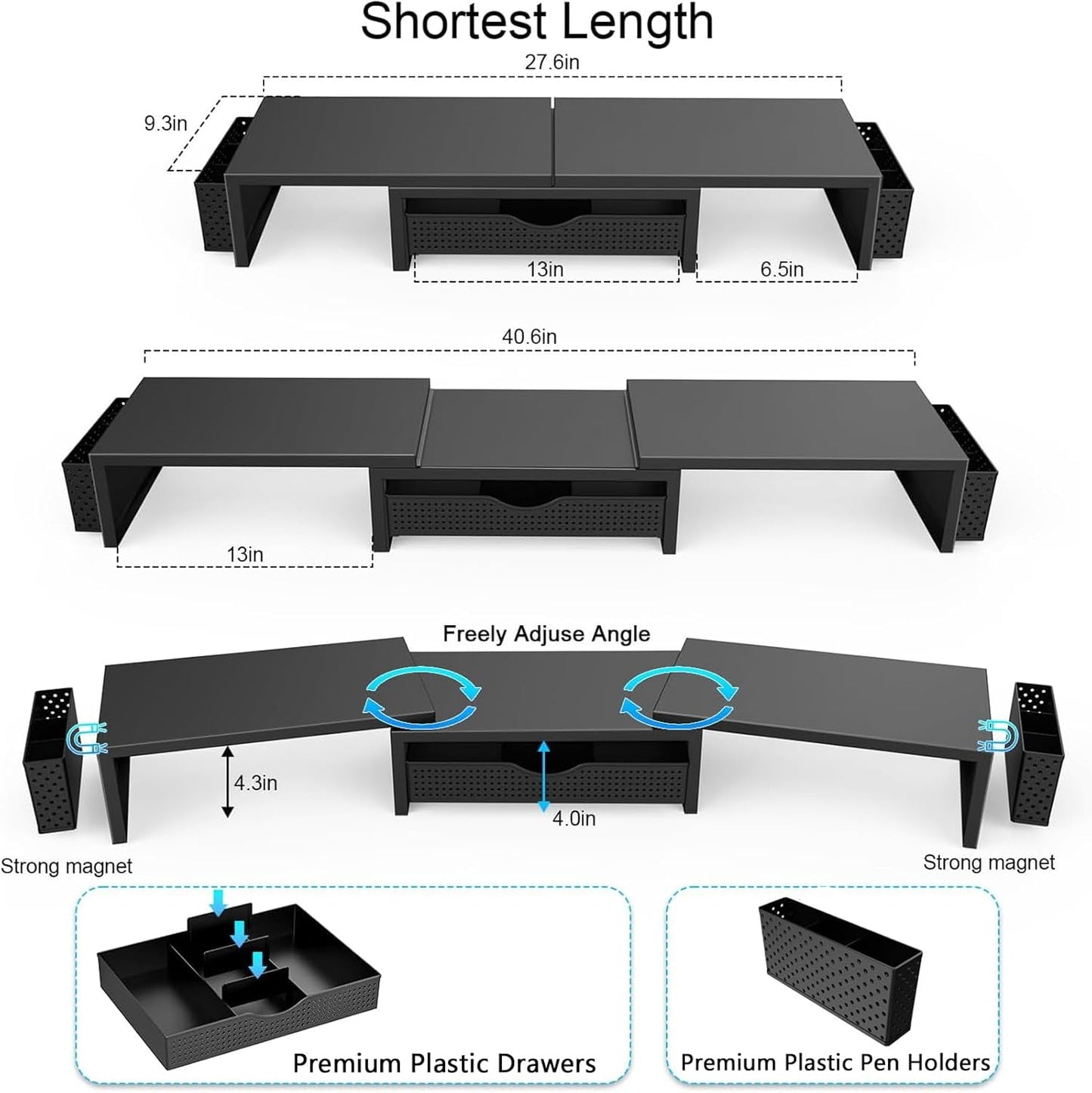Elevate Your Workspace with the Dual Monitor Stand Riser - Stylish Desk Organizer with Drawer and Pen Holders in Black