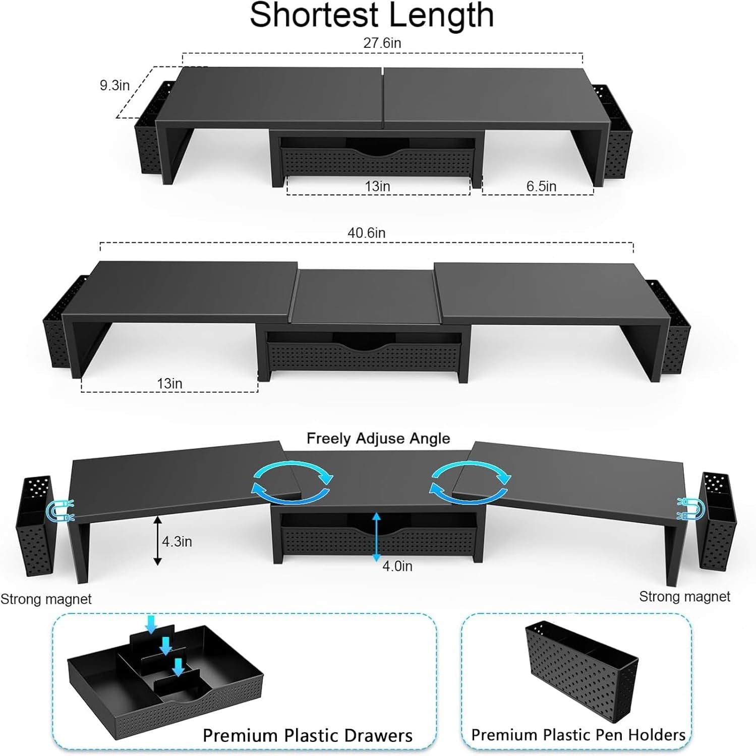Elevate Your Workspace with the Dual Monitor Stand Riser - Stylish Desk Organizer with Drawer and Pen Holders in Black
