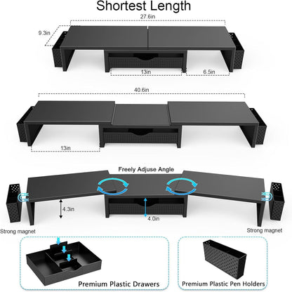 Elevate Your Workspace with the Dual Monitor Stand Riser - Stylish Desk Organizer with Drawer and Pen Holders in Black