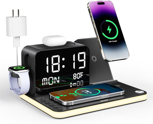Ultimate 7-In-1 Wireless Charging Station for Apple Devices - Fast Charger for iPhone 16, 15, 14, 13, 12 Pro Max, AirPods & Apple Watch with Bluetooth Time Sync and Ambient Lighting