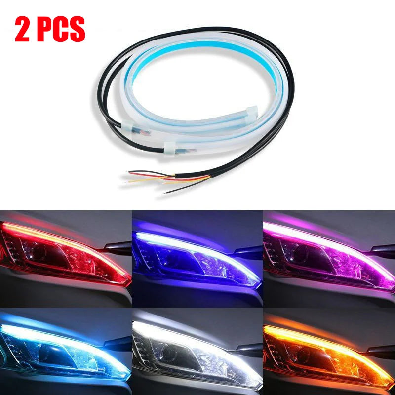 Enhance Your Car's Style with 2Pcs 12V LED DRL Flexible Waterproof Strip Lights - White Turn Signal & Yellow Brake Flow Lights