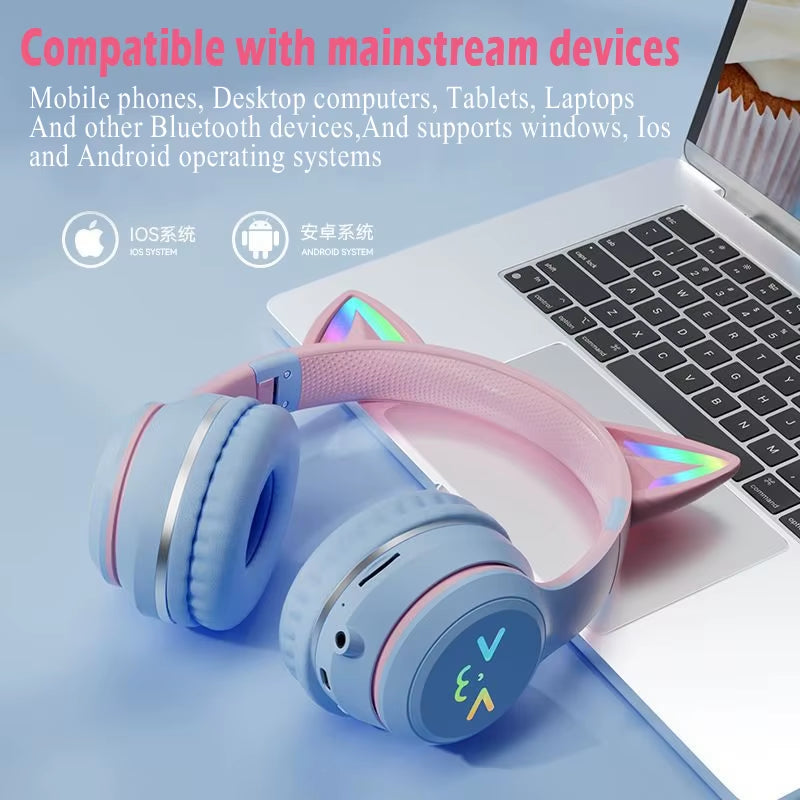 Adorable Cat's Ears RGB Light TWS Headset - Perfect Pink Gift for Little Girls - Compatible with Any Phone