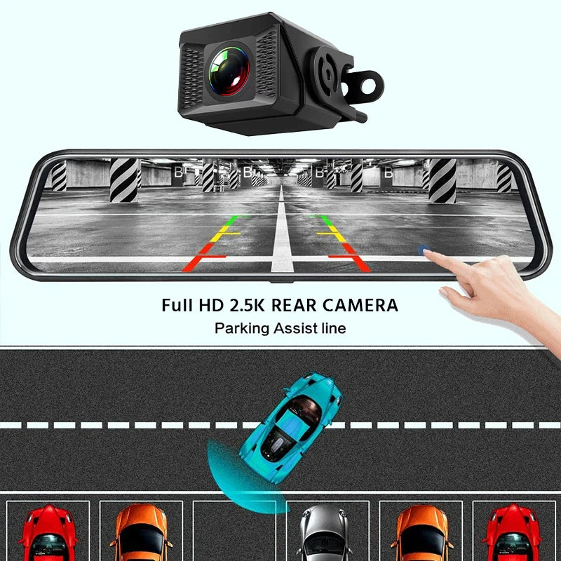 Experience Ultimate Driving Safety with the E-ACE 3K+2.5K Dual Lens DVR Mirror Dash Cam - Night Vision, GPS, and WiFi Enabled for 24/7 Protection!