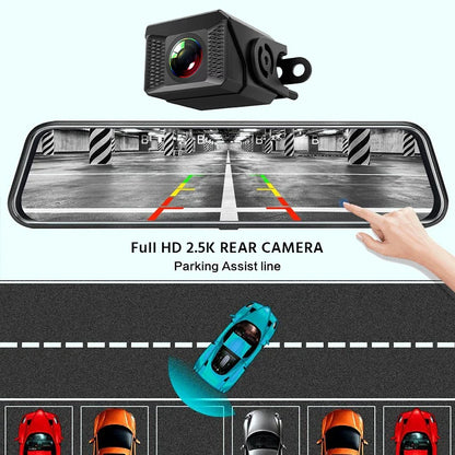 Experience Ultimate Driving Safety with the E-ACE 3K+2.5K Dual Lens DVR Mirror Dash Cam - Night Vision, GPS, and WiFi Enabled for 24/7 Protection!