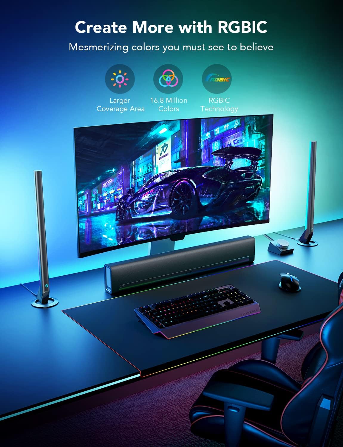 Enhance Your Gaming Experience with RGBIC Gaming Light Bars H6047 - Smart LED Lights with Music Sync and Over 60 Scene Modes, Compatible with Alexa & Google Assistant