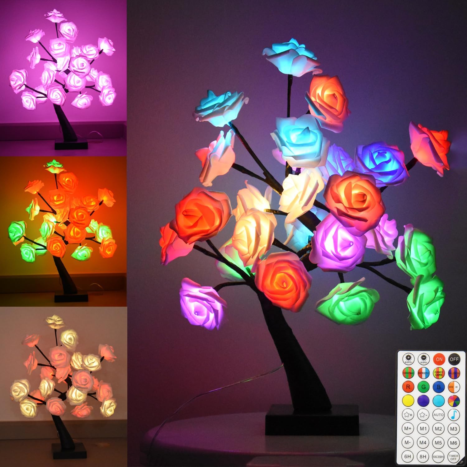 Enchanting 24 LED Color Changing Rose Tree Lamp with Remote - USB Powered Bonsai Night Light for Home Decor, Valentine's Day, Weddings, and Festive Celebrations