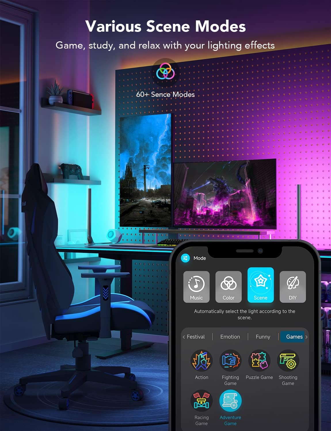 Enhance Your Gaming Experience with RGBIC Gaming Light Bars H6047 - Smart LED Lights with Music Sync and Over 60 Scene Modes, Compatible with Alexa & Google Assistant