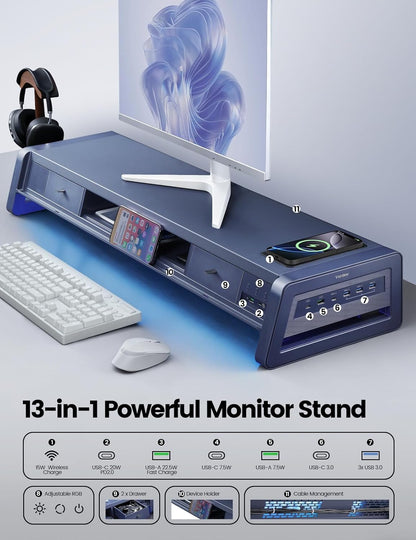 Elevate Your Workspace with the All-In-One Dual Monitor Stand Riser: 2 Drawers, 8 USB Ports, Wireless Charging Pad & LED Light Strip for Ultimate Organization and Comfort