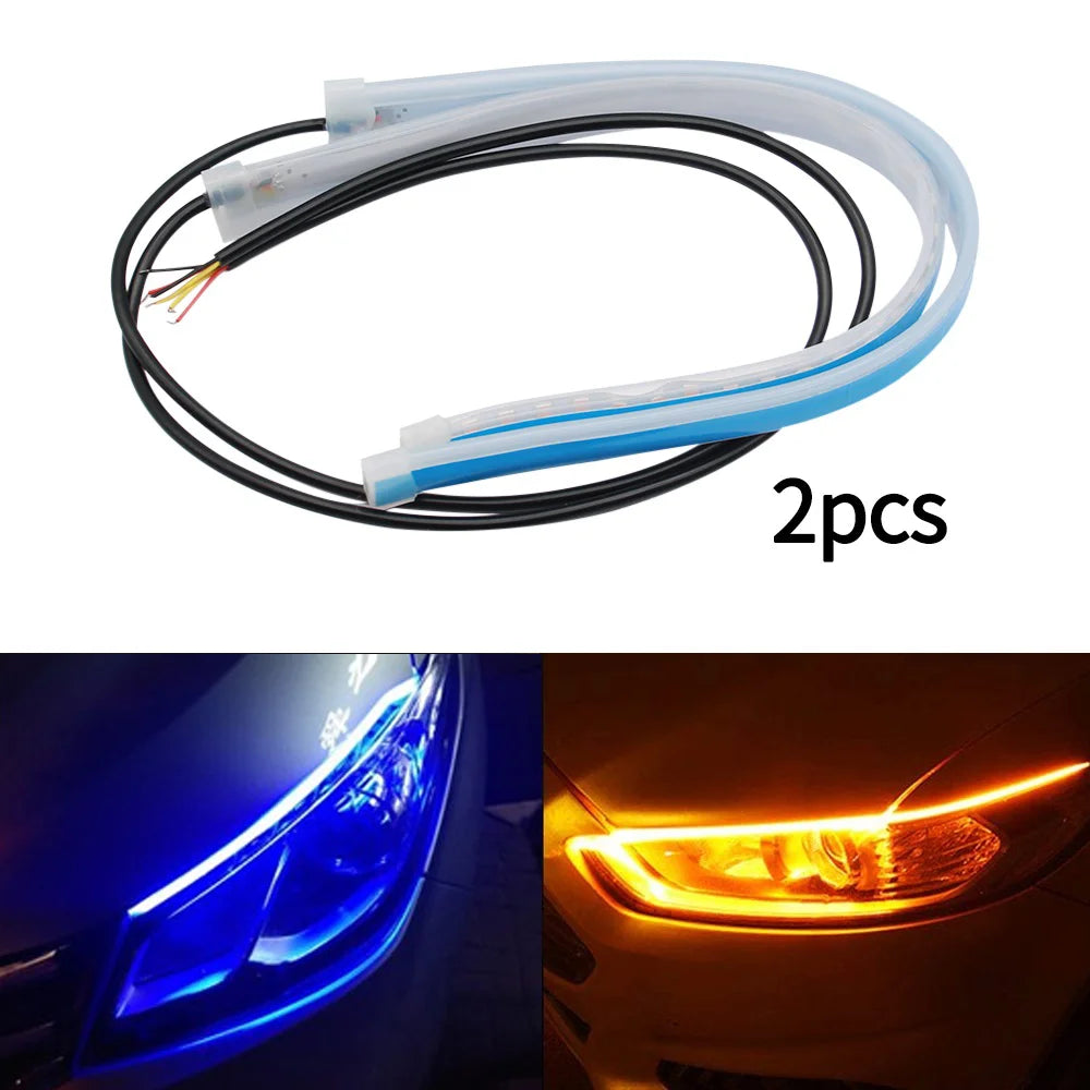 Enhance Your Car's Style with 2Pcs 12V LED DRL Flexible Waterproof Strip Lights - White Turn Signal & Yellow Brake Flow Lights