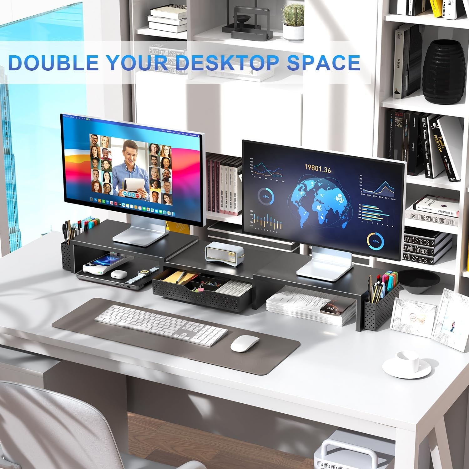 Elevate Your Workspace with the Dual Monitor Stand Riser - Stylish Desk Organizer with Drawer and Pen Holders in Black