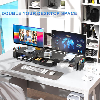 Elevate Your Workspace with the Dual Monitor Stand Riser - Stylish Desk Organizer with Drawer and Pen Holders in Black