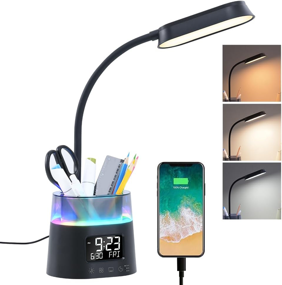 Elevate Your Workspace with the Stylish LED Kids Desk Lamp - Dimmable Study Lamp Featuring Pen Holder, Clock, USB Charging & RGB Night Light for Home Office and College Dorm Essentials - Sleek Black Design