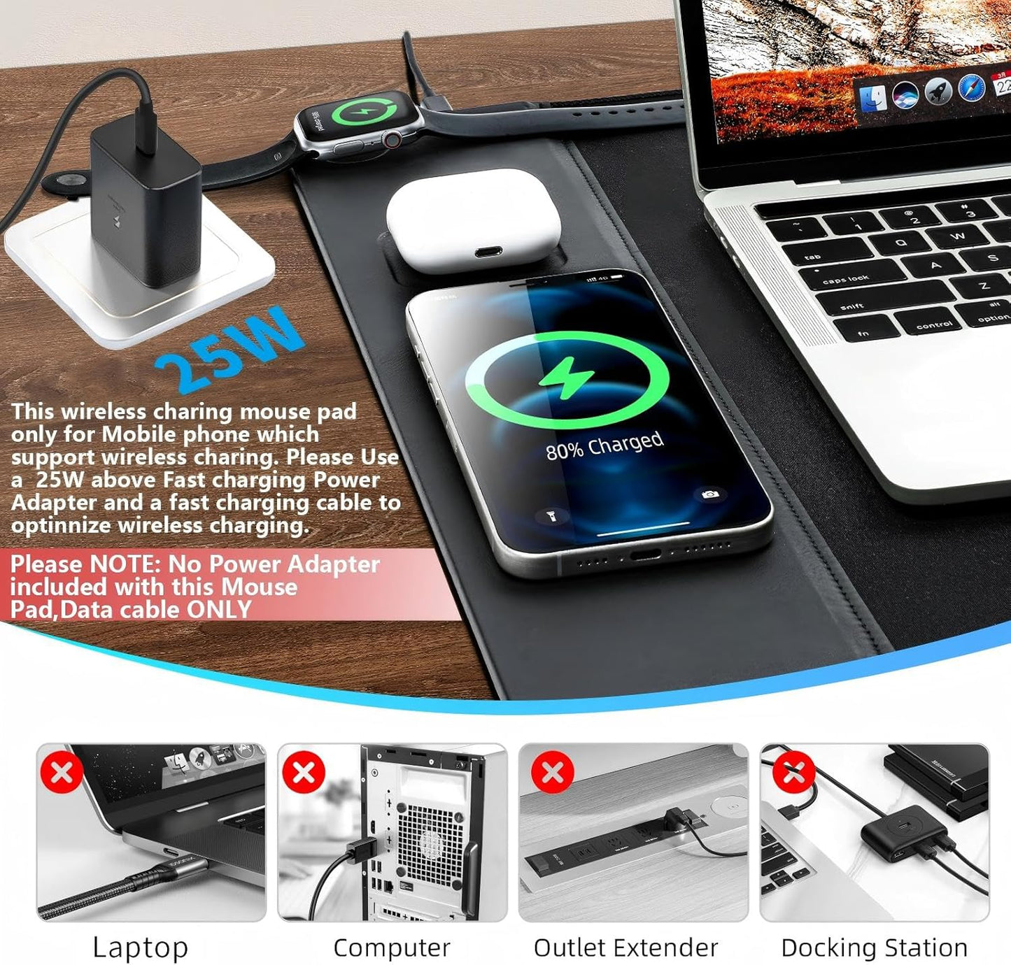 Revolutionary 3-in-1 Wireless Charging Mouse Pad - Ultimate Gaming Desk Mat for iPhone, AirPods, and Smartwatches - Large 90 x 40 cm Black Design