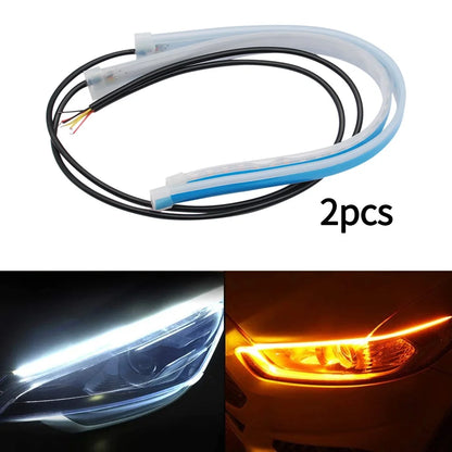 Enhance Your Car's Style with 2Pcs 12V LED DRL Flexible Waterproof Strip Lights - White Turn Signal & Yellow Brake Flow Lights
