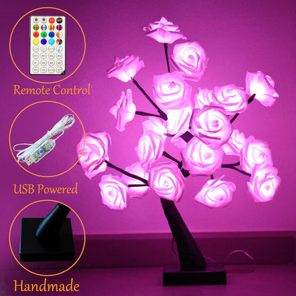 Enchanting 24 LED Color Changing Rose Tree Lamp with Remote - USB Powered Bonsai Night Light for Home Decor, Valentine's Day, Weddings, and Festive Celebrations