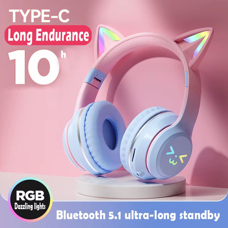 Adorable Cat's Ears RGB Light TWS Headset - Perfect Pink Gift for Little Girls - Compatible with Any Phone