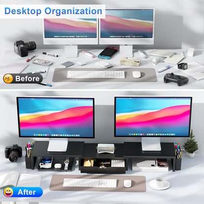 Elevate Your Workspace with the Dual Monitor Stand Riser - Stylish Desk Organizer with Drawer and Pen Holders in Black
