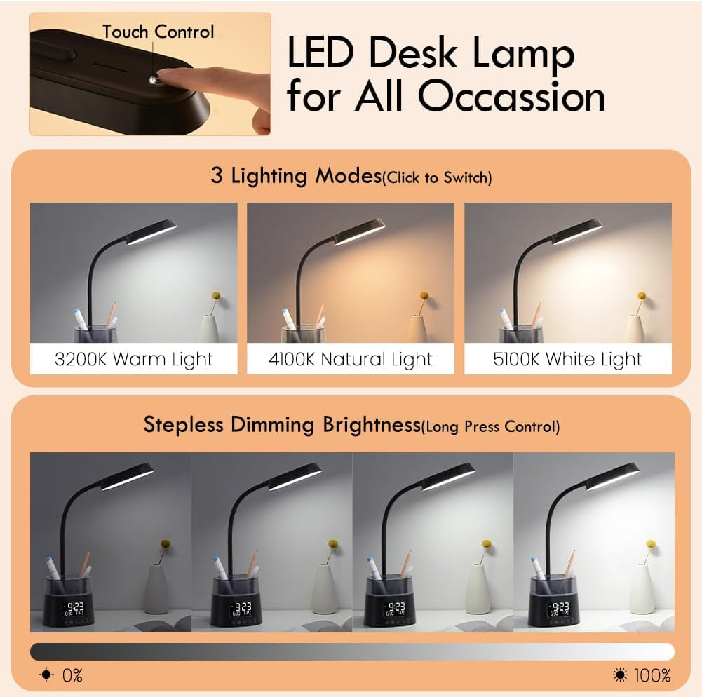 Elevate Your Workspace with the Stylish LED Kids Desk Lamp - Dimmable Study Lamp Featuring Pen Holder, Clock, USB Charging & RGB Night Light for Home Office and College Dorm Essentials - Sleek Black Design