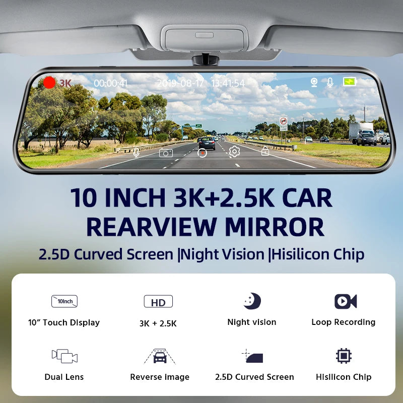 Experience Ultimate Driving Safety with the E-ACE 3K+2.5K Dual Lens DVR Mirror Dash Cam - Night Vision, GPS, and WiFi Enabled for 24/7 Protection!