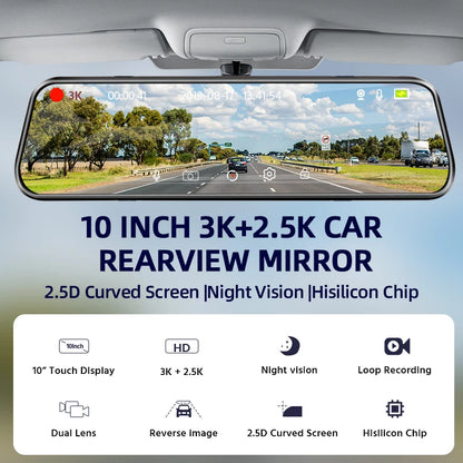 Experience Ultimate Driving Safety with the E-ACE 3K+2.5K Dual Lens DVR Mirror Dash Cam - Night Vision, GPS, and WiFi Enabled for 24/7 Protection!