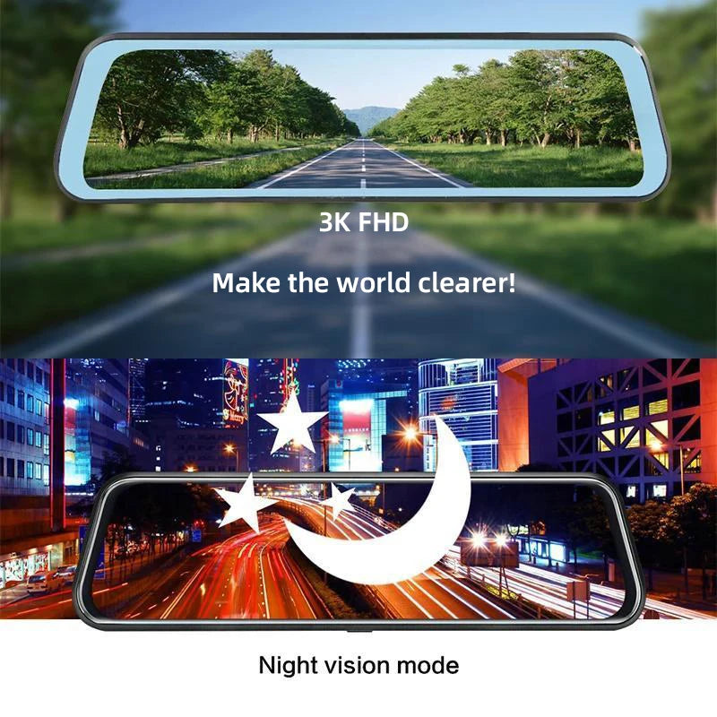 Experience Ultimate Driving Safety with the E-ACE 3K+2.5K Dual Lens DVR Mirror Dash Cam - Night Vision, GPS, and WiFi Enabled for 24/7 Protection!