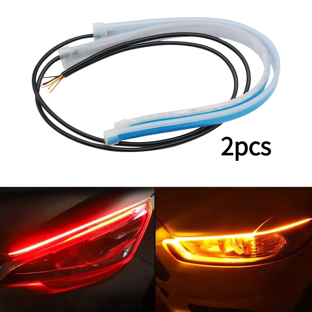 Enhance Your Car's Style with 2Pcs 12V LED DRL Flexible Waterproof Strip Lights - White Turn Signal & Yellow Brake Flow Lights